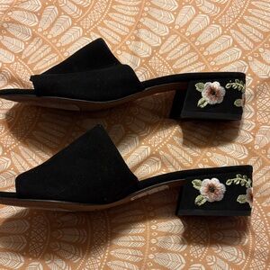 Franco Sarto Black Floral Embroidered Mules